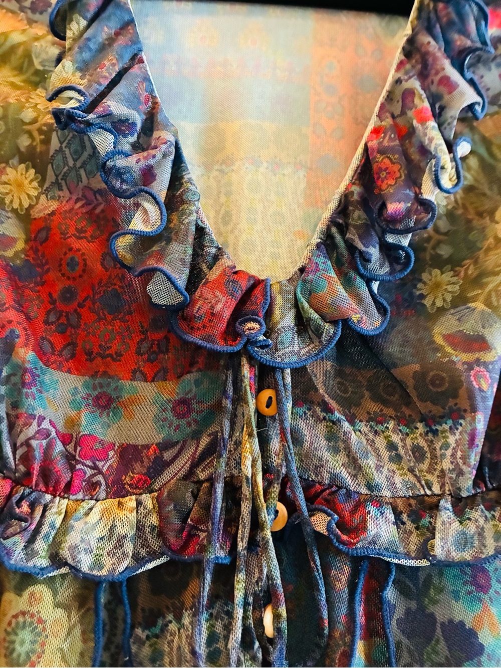NATURAL LIFE Multicolor Floral Patchwork Ruffle V-Neck Top - Picture 2 of 7